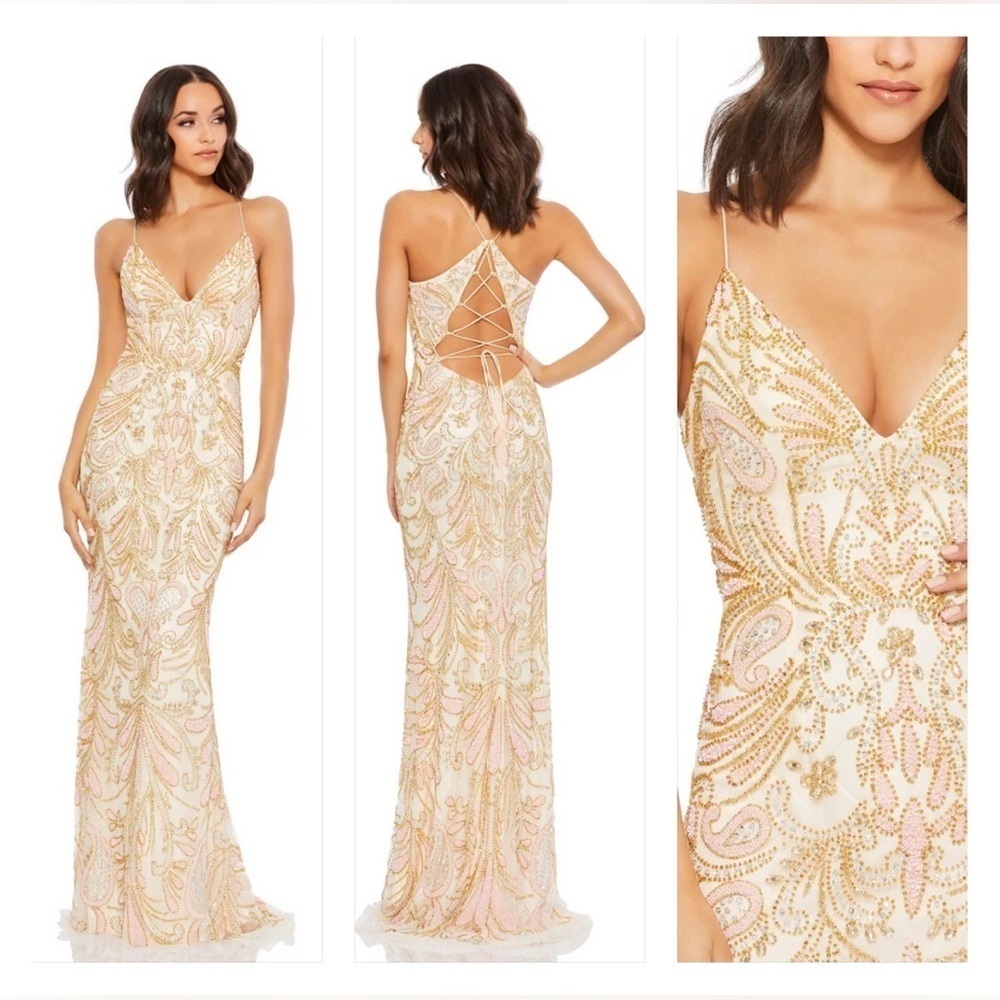 Mac Duggal 5309 Lace Up Cut Out Back Beaded Gown